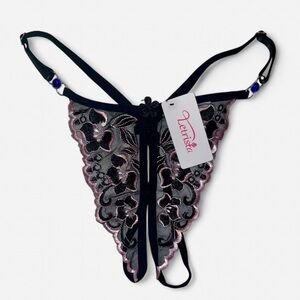 BNWT Sheer Mesh Embroidered Black & Pink Floral Crotchless Thong Y2K Vibes